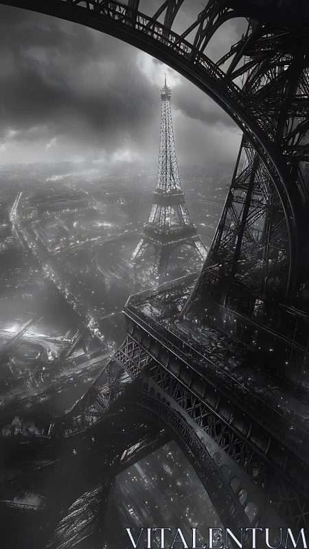Stormlit Eiffel towers rise over a shadowed future Paris.