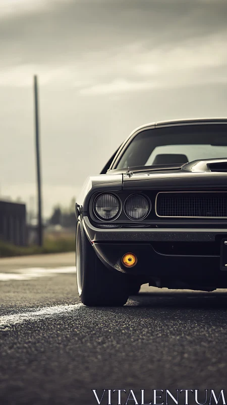 Front view of classic black muscle car on empty roadway.