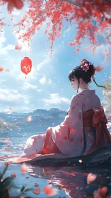 Serene kimono maiden rests by a spring river of blossoms
