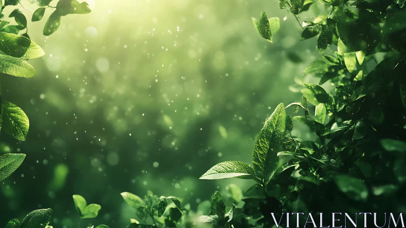 Sunlit Green Leaves with Dew in Lush Nature Background, Soft Focus.