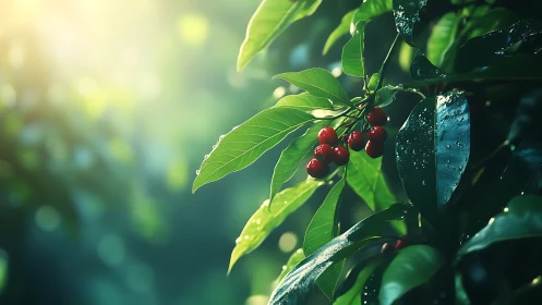 Sunlit red berries glow among fresh rain-kissed leaves.