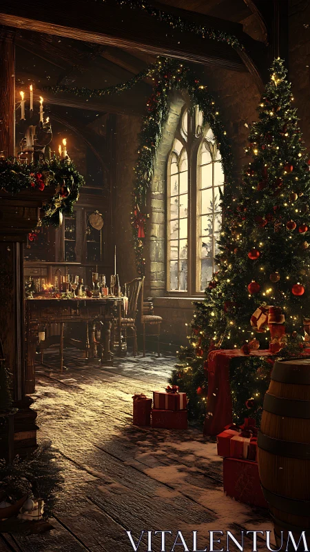 Interior holiday scene with decorated tree and dining table.