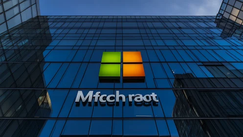 Glass office facade with colorful corporate logo sign.