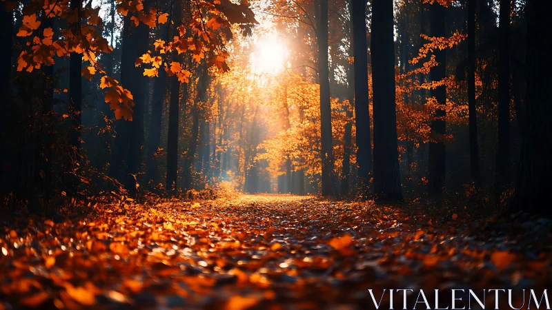Golden sunlight illuminates autumn forest path.