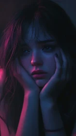 Melancholic portrait under magenta and cyan rim light.