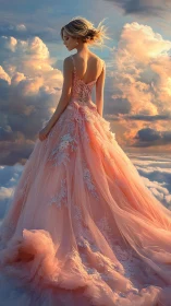 Backlit peach ballgown dress rendered against volumetric sunset clouds