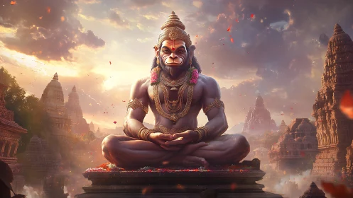 Divine simian deity in lotus pose amid golden temple skyline.