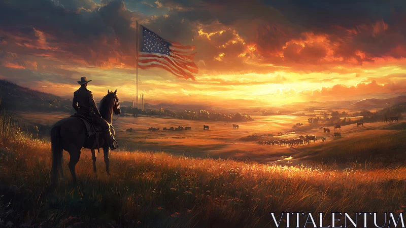 Rider on horseback observing prairie under large US flag.