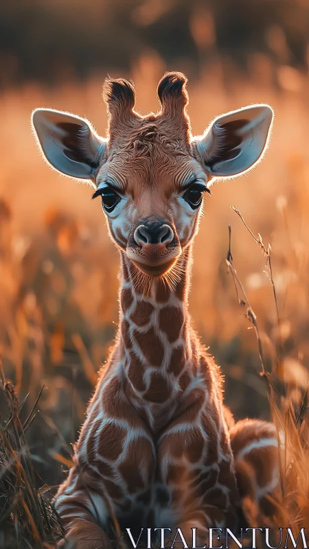 Golden hour baby giraffe resting in soft savanna light.