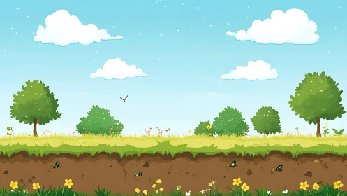 Cartoon landscape shows grassy field, trees, soil cross-section