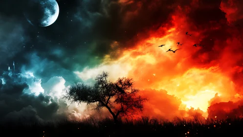 Fiery twilight sky engulfs a lone tree between night and dawn