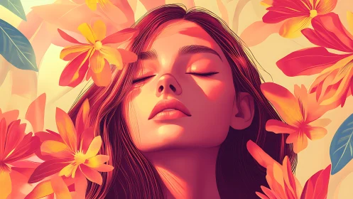 Sunlit female portrait immersed in high-saturation floral gradients