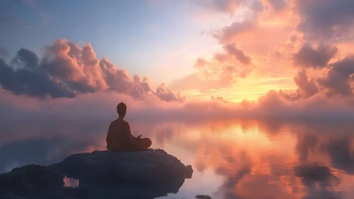 Solitary seated figure observes clouded sunrise over water
