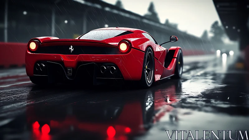 Red hypercar powers through wet racetrack under heavy rain.