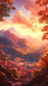 Ember-touched valley beneath blazing autumn sunset sky.