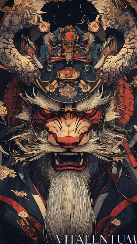 Baroque samurai-dragon mask rendered in intricate digital linework