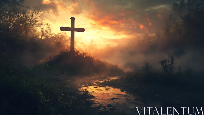 Wooden cross at sunrise over misty riverside landscape.
