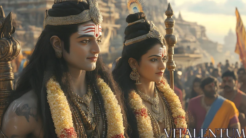 Digital depiction of divine royal couple in temple procession