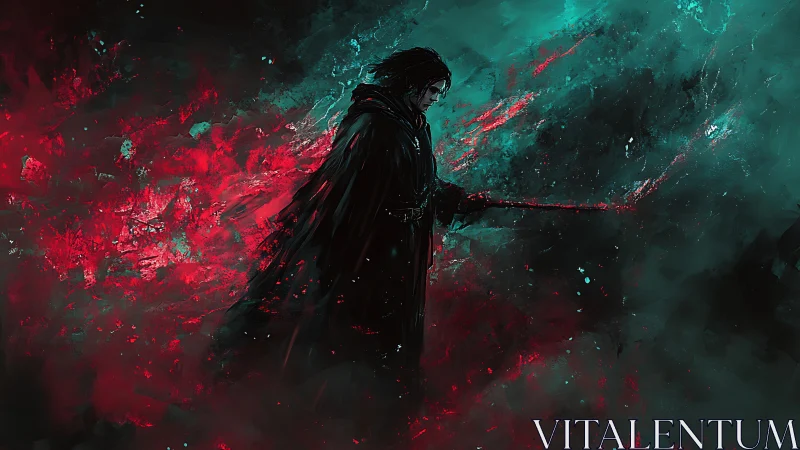 Midnight mage carving neon scars through stormed voids.