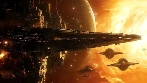 Colossal starship fleet crossing blazing stellar horizon.