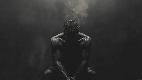Low-key monochrome portrait of pensive crouched male figure.
