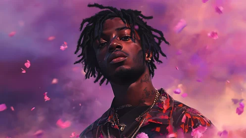 Moody portrait under drifting petals and violet sky.