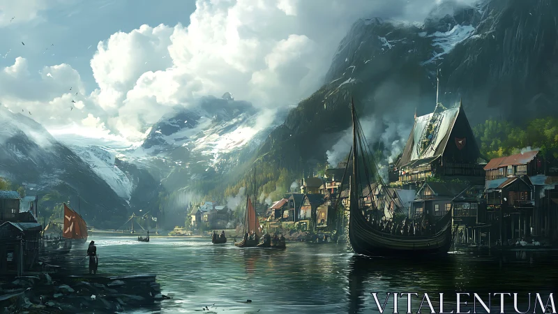 Nordic fjord settlement with longships under overcast skies