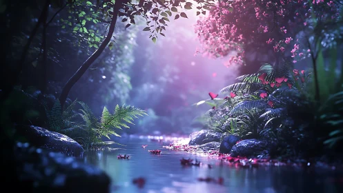 Digital forest scene with luminescent water and pink flowering canopy