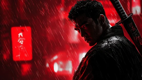 Backlit katana fighter under heavy rain in high contrast red