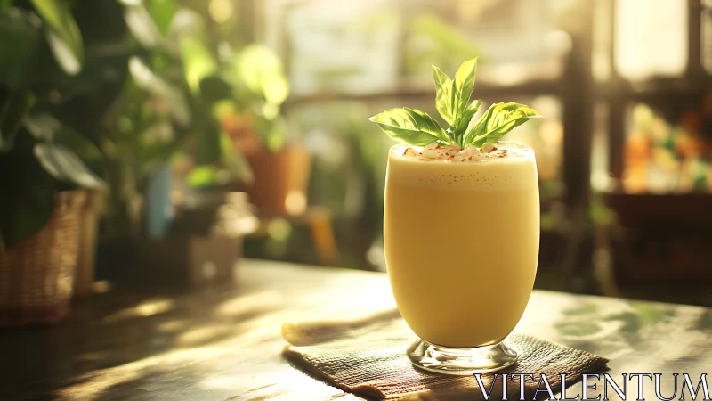 Golden Mint Beverage in Sunlit Greenhouse Setting.