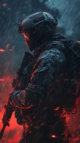 Futuristic soldier stands in burning rain soaked battlefield.
