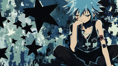 Blue-haired anime loner amid abstract star-filled nightscape.