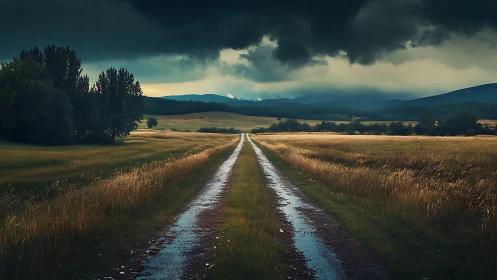 Gravel farm road stretches through wet fields under storm clouds