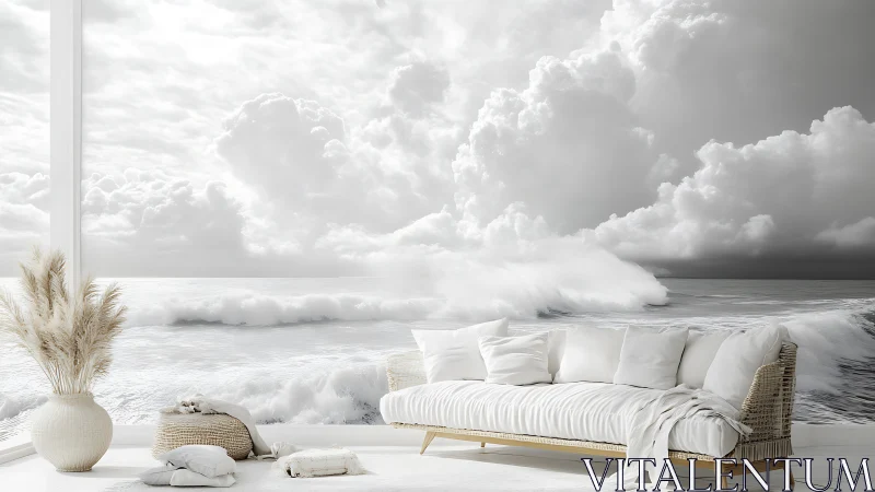 Photorealistic coastal mural with minimalist neutral interior integration.