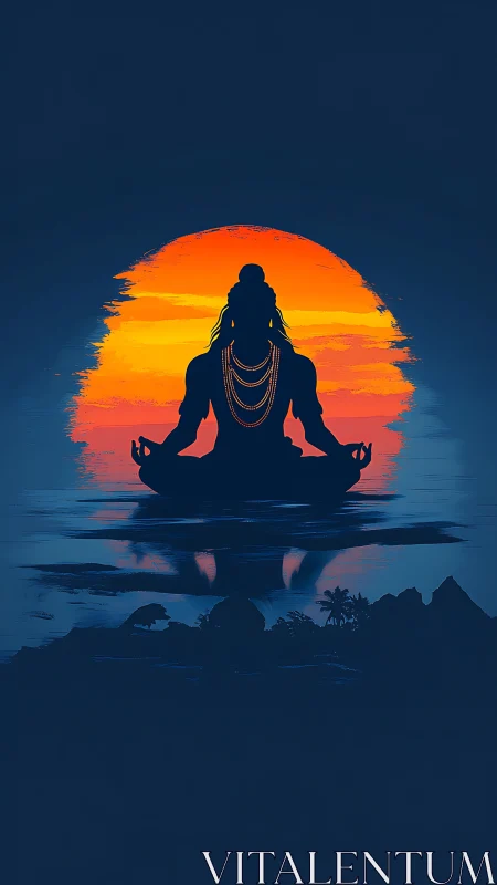 Serene yogi silhouette meditates before radiant sunset glow.