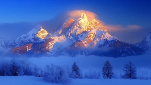 Sunlit snowy mountain peaks above blue misty forest.