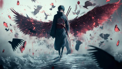 Dark cloaked warrior with red wings amid flying crows.