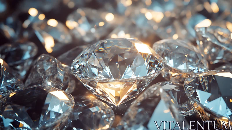 Multiple cut diamonds lie on reflective surface in close view