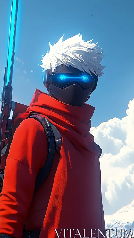 Cyber ranger with neon visor in alpine sky backdrop.