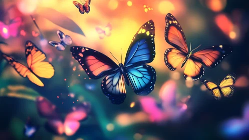 Luminous butterflies drifting through a dreamy twilight garden.