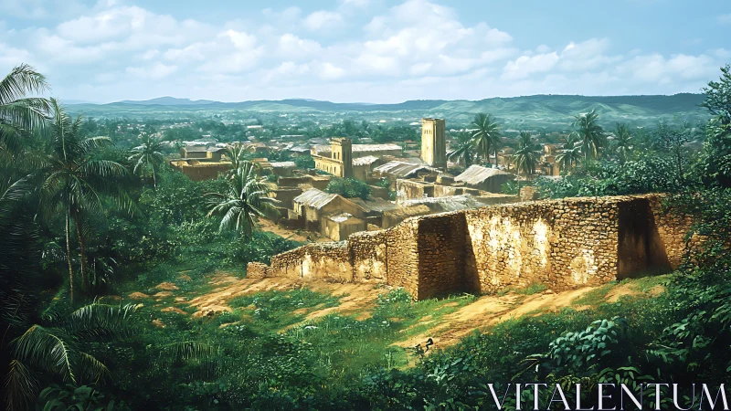 Sunlit hillside village wrapped in lush green countryside.