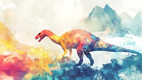 Prismatic dinosaur roaming watercolor mountains of misty time.