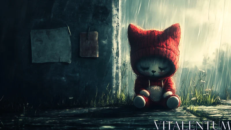 Melancholic red-hooded plush figure in rainy alleyway scene.