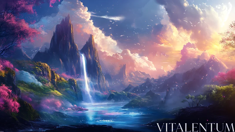 Celestial waterfall kingdom beneath cotton-crowned peaks.