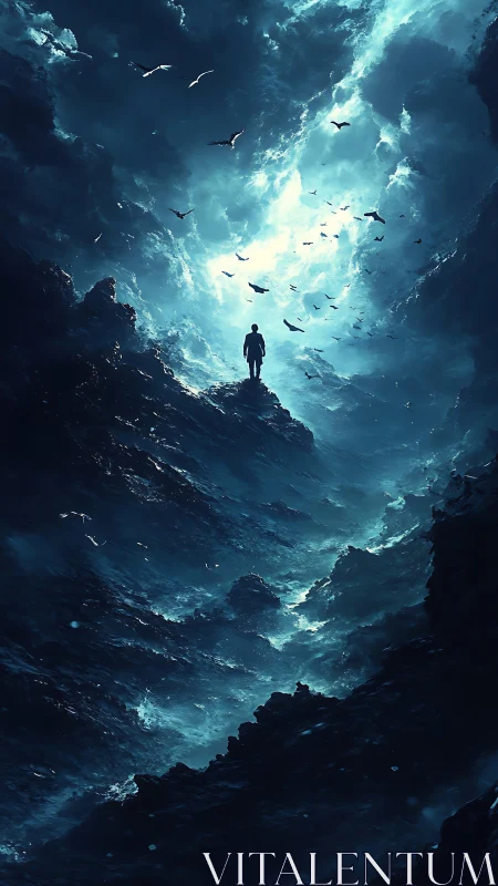 Solitary silhouette confronts turbulent celestial seascape