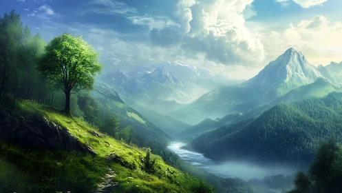 Solitary hillside tree above luminous alpine valley panorama.