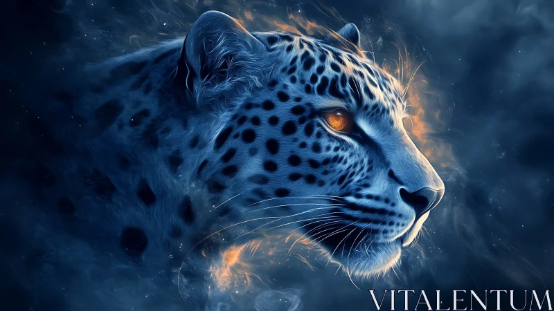 Snow Leopard Digital Artwork with Glowing Eyes and Cosmic Effects