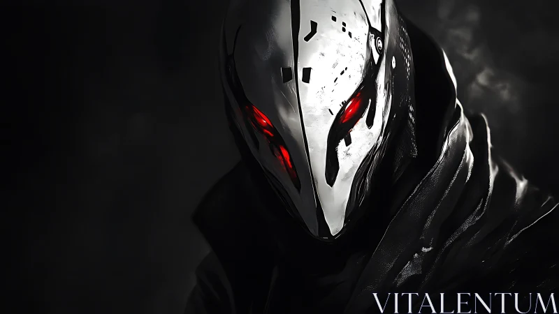 Masked cyborg figure with red eyes in dark setting.