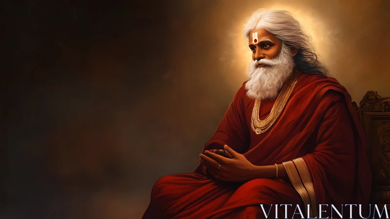 Radiant sage in crimson robes with aureole and ornate jewelry.