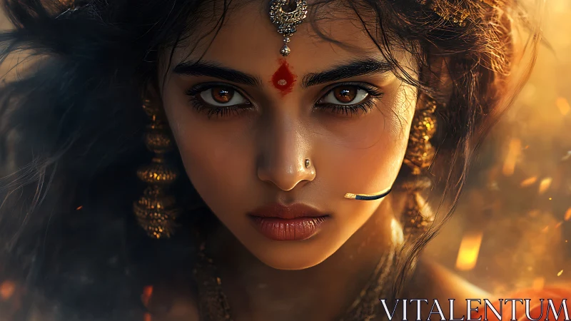 Fierce warrior woman stares forward through drifting embers